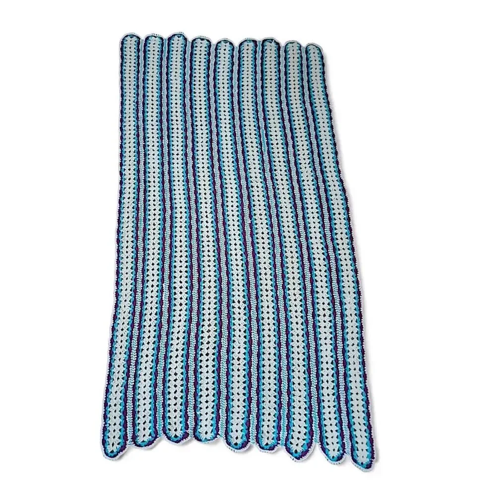 VNT Crochet Blanket Throw Afghan 68.x37 Blue White Stripes Scallop Hippie Granny